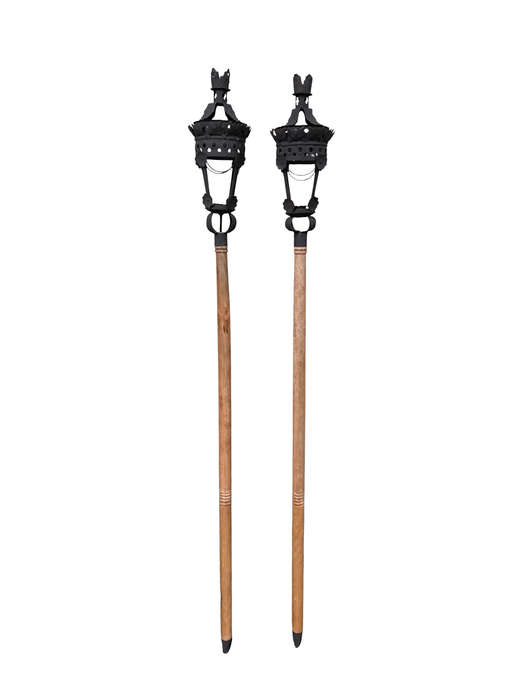 Pair Black French Wrought Iron Candle Lantern On Wooden Stake
