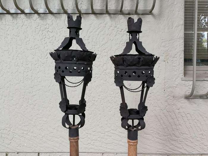 Pair Black French Wrought Iron Candle Lantern On Wooden Stake