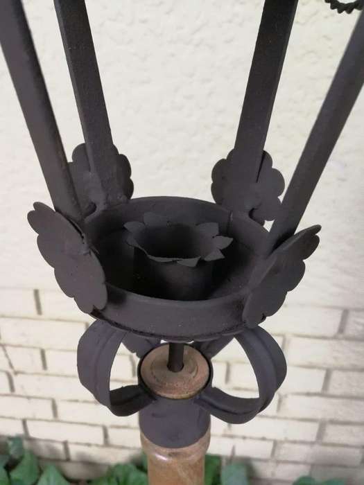 Pair Black French Wrought Iron Candle Lantern On Wooden Stake