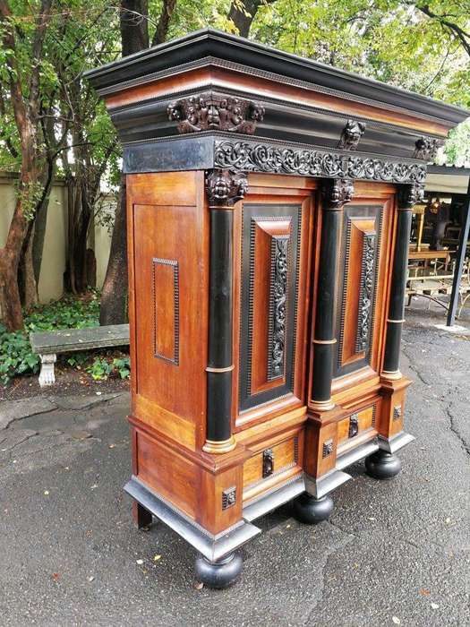 A 19th Century Dutch Heavily Carved Oak and Ebony Kussingkast / Cupboard on Bun Feet  (Useful for...