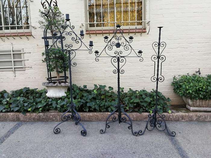 A Set Of Three Vintage Floor Standing Wrought Iron Candelabras