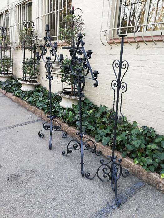 A Set Of Three Vintage Floor Standing Wrought Iron Candelabras