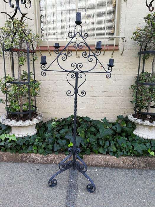 A Set Of Three Vintage Floor Standing Wrought Iron Candelabras