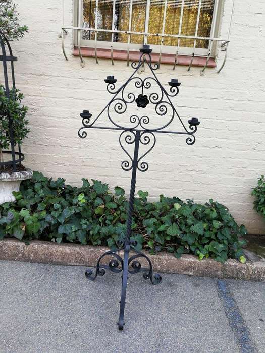 A Set Of Three Vintage Floor Standing Wrought Iron Candelabras