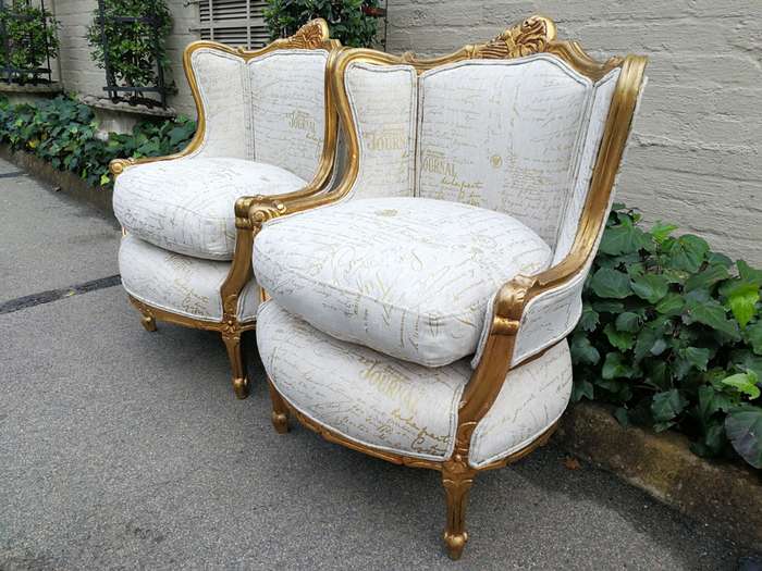 A Pair Of 20th Century French Style Gilt Bergere Armchairs Upholstered In A Custom-Made Hand Prin...
