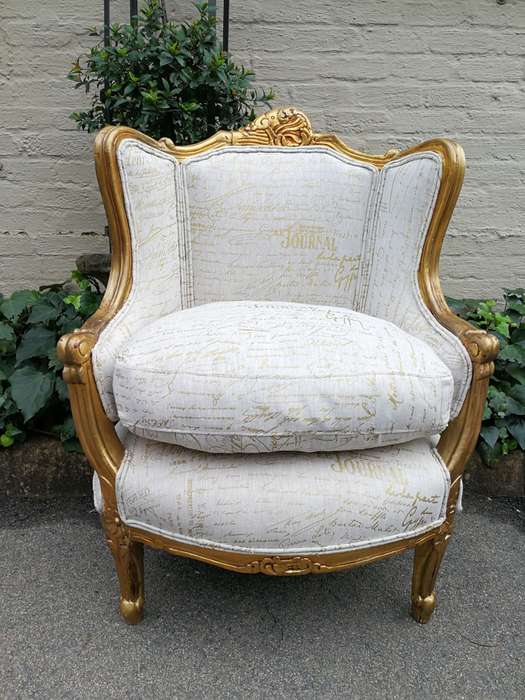 A Pair Of 20th Century French Style Gilt Bergere Armchairs Upholstered In A Custom-Made Hand Prin...