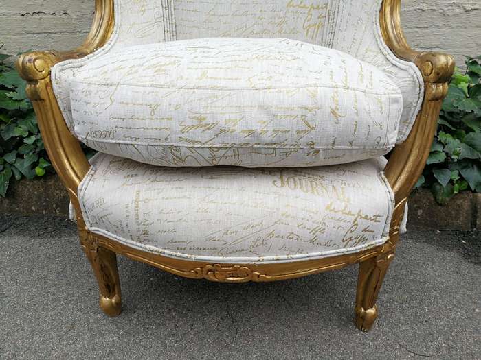 A Pair Of 20th Century French Style Gilt Bergere Armchairs Upholstered In A Custom-Made Hand Prin...