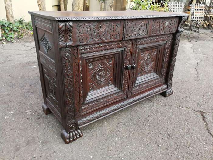 An Antique 19th Century Gothic Revival Carved Oak Drinks Table / Server with Cream Marble