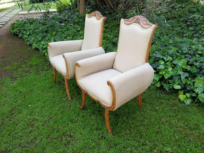 A Pair Of 1920s Bleached / Natural Carved Oak Armchairs upholstered