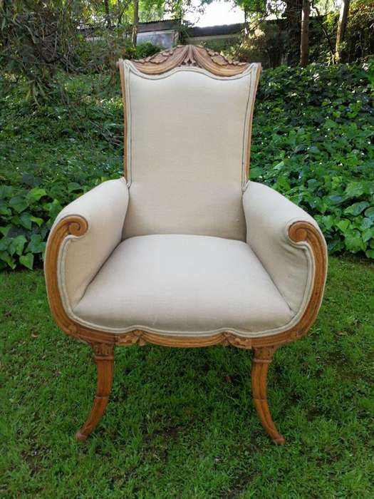 A Pair Of 1920s Bleached / Natural Carved Oak Armchairs upholstered