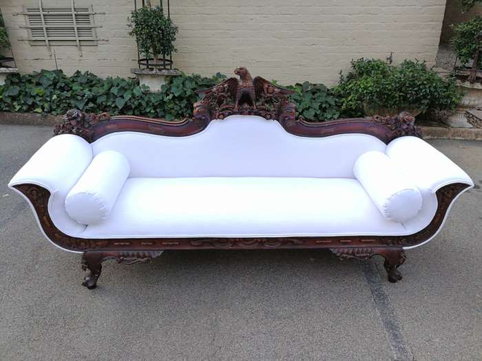 Antique American Empire Carved Mahogany Settee Circa 1880-1900 with Figural Eagle