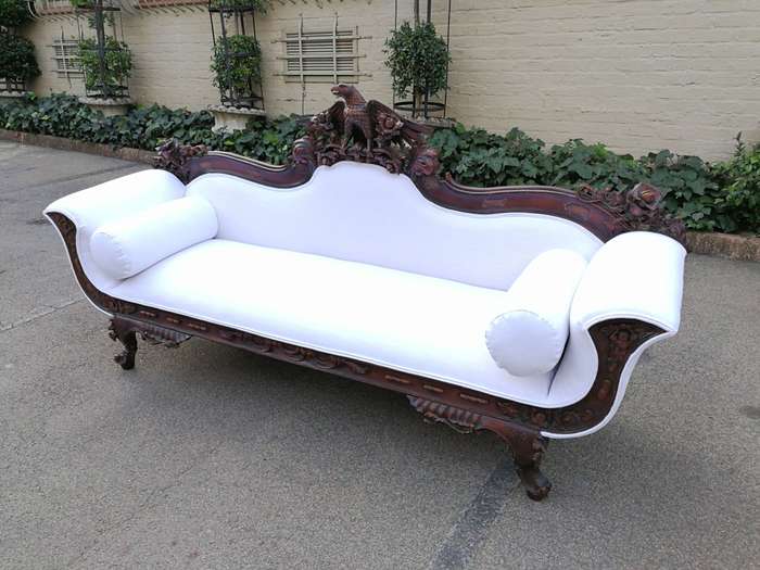 Antique American Empire Carved Mahogany Settee Circa 1880-1900 with Figural Eagle