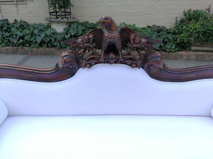 Antique American Empire Carved Mahogany Settee Circa 1880-1900 with Figural Eagle