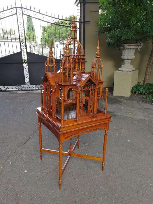An Italian (Tuscany)  20th Century Carved Mahogany and Walnut Victorian Cathedral Style Birdcage ...
