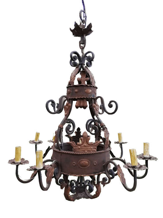 An Imported French Crown Design Wrought Iron Hand Painted Chandelier With 8 Arms