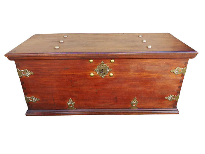 A 19th Century Dutch Colonial Batavian Brass-bound Teak Chest, With Original Lock Plate and Key. ...