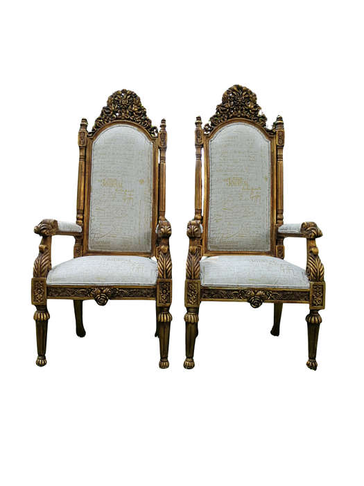 An Intricately Carved Pair of French Baroque/Rococo Style King/Throne Gold Painted Armchairs Upho...