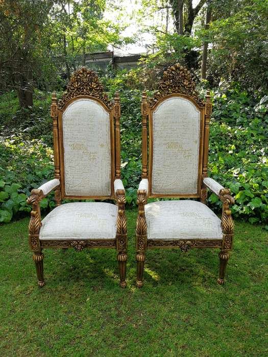 An Intricately Carved Pair of French Baroque/Rococo Style King/Throne Gold Painted Armchairs Upho...