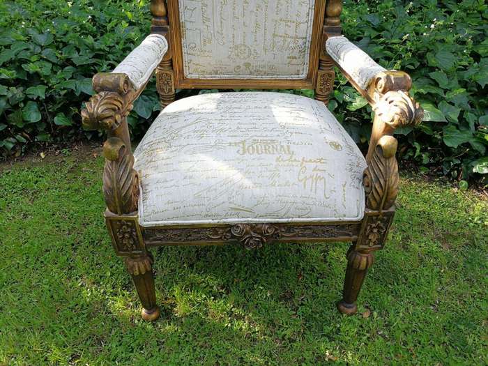 An Intricately Carved Pair of French Baroque/Rococo Style King/Throne Gold Painted Armchairs Upho...