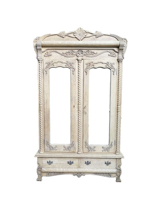 An Antique Victorian English Carved And Bleached Oak Armoire With Bevelled Mirror Doors And Two D...