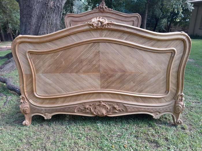 A 19th Century Circa 1880 Ornately Carved and Inlaid Marquetry Bed in a Contemporary Bleached Finish