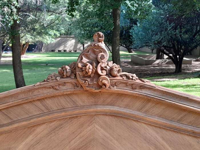 A 19th Century Circa 1880 Ornately Carved and Inlaid Marquetry Bed in a Contemporary Bleached Finish