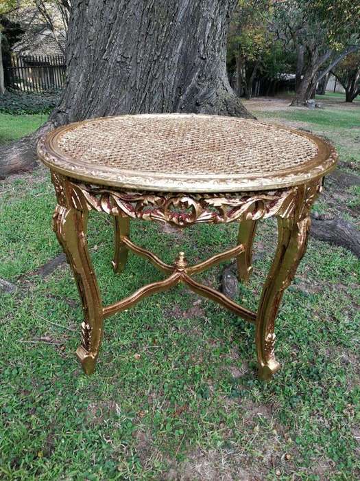 A Pair Of French Style Ornately Carved Rattan Top Side Tables