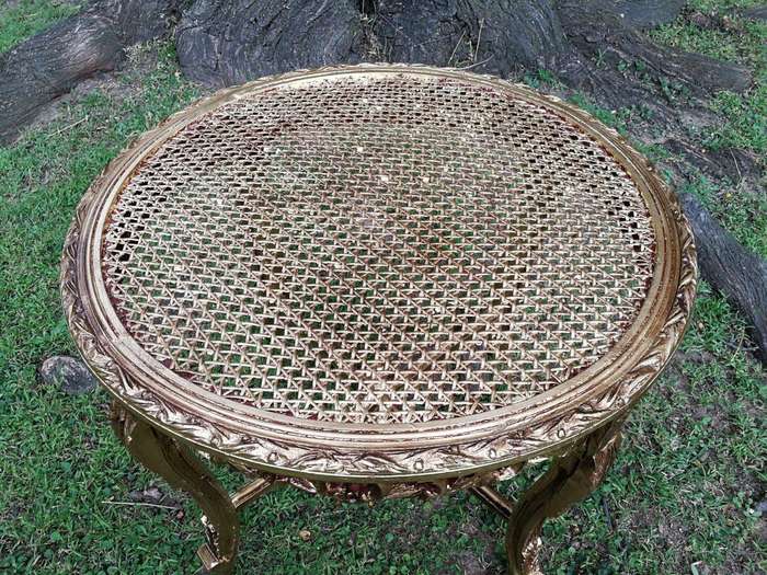 A Pair Of French Style Ornately Carved Rattan Top Side Tables
