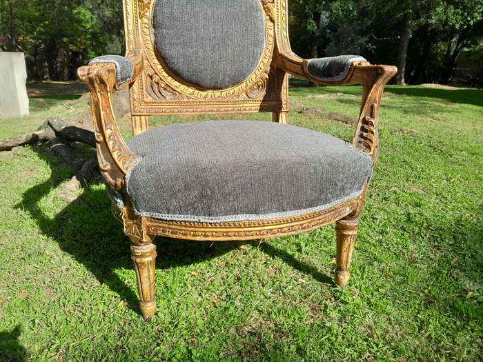 A 20th Century French Style Ornately Carved and Gilded Pair of Arm Chairs