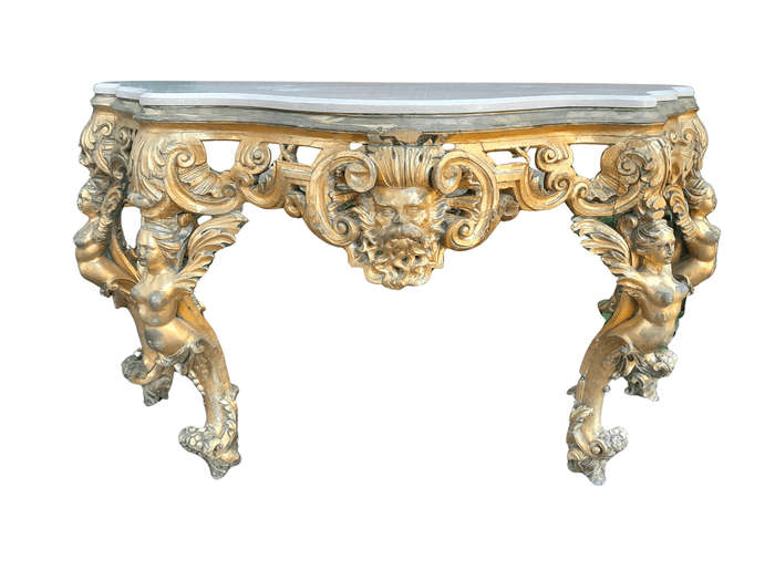 A Rare 19th Century English Ornately Carved Oak and Gilded Console Table with Marble Top