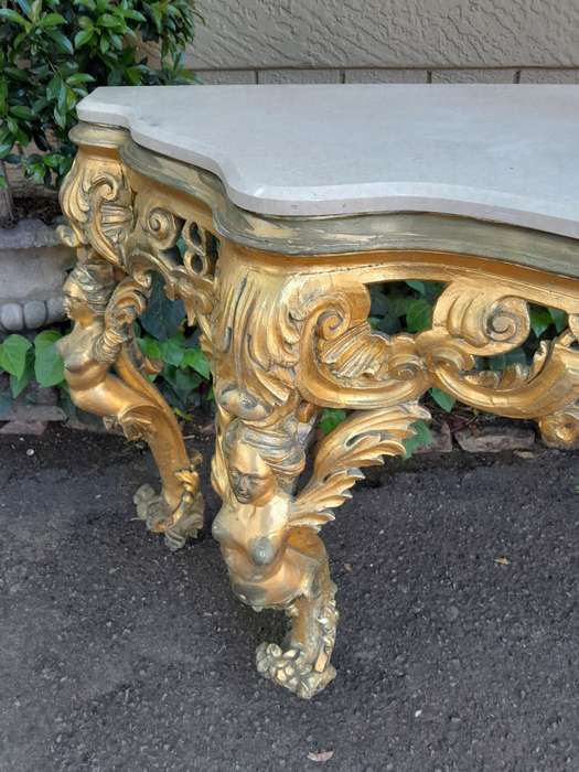A Rare 19th Century English Ornately Carved Oak and Gilded Console Table with Marble Top