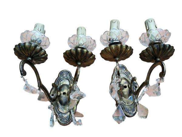 A 20th Century French Pair Of Brass And Crystal Wall Lights