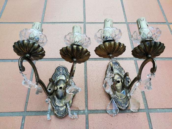 A 20th Century French Pair Of Brass And Crystal Wall Lights