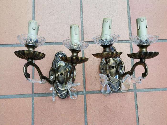 A 20th Century French Pair Of Brass And Crystal Wall Lights
