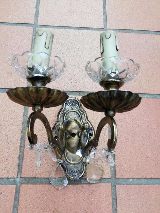 A 20th Century French Pair Of Brass And Crystal Wall Lights