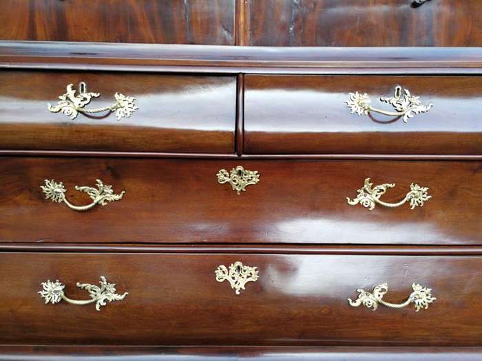 An 18th Century Circa 1770 Dutch Mahogany Armoire / Cabinet With The Original Glit Brass Rococo H...