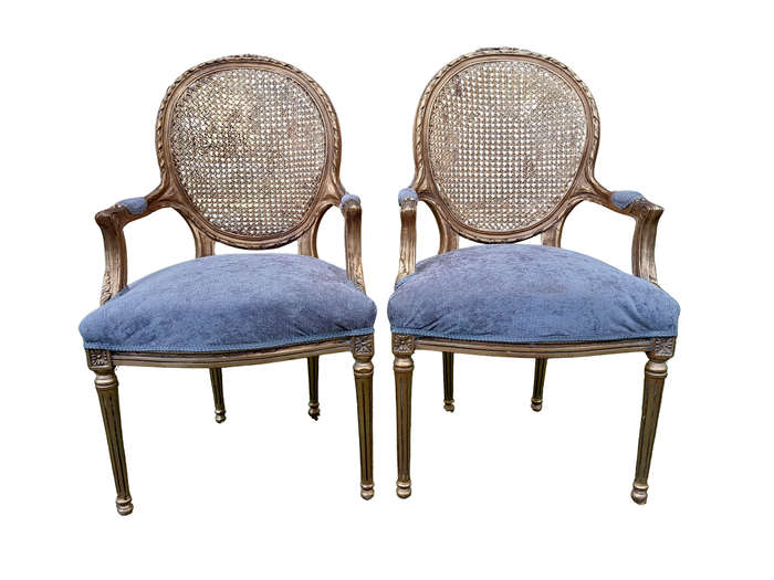 A Pair of 20th Century French Style Rattan-Back Gilded Arm Chairs