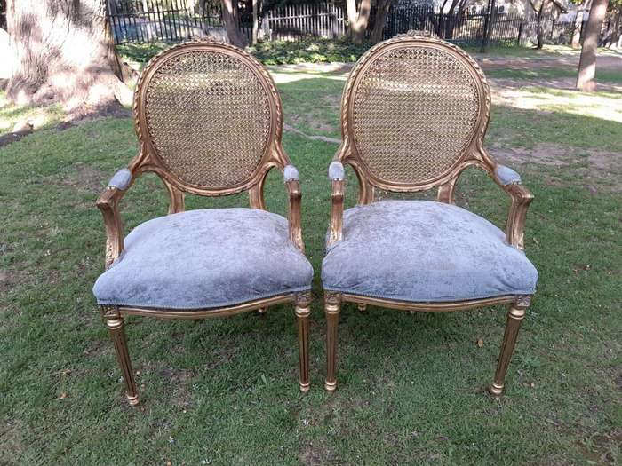 A Pair of 20th Century French Style Rattan-Back Gilded Arm Chairs
