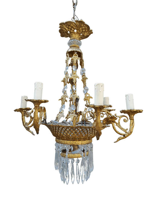A 20th Century French Style Brass & Aged Crystal Chandelier