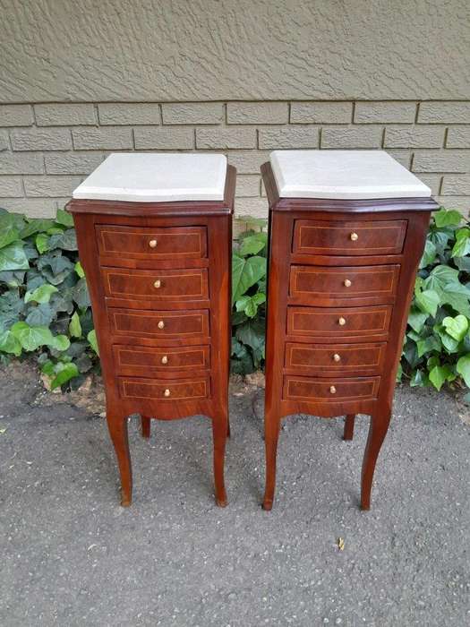 A Pair Of 20th Century French Style Walnut With Inlaid Pedestals With  Five Drawers And Cream Ma...