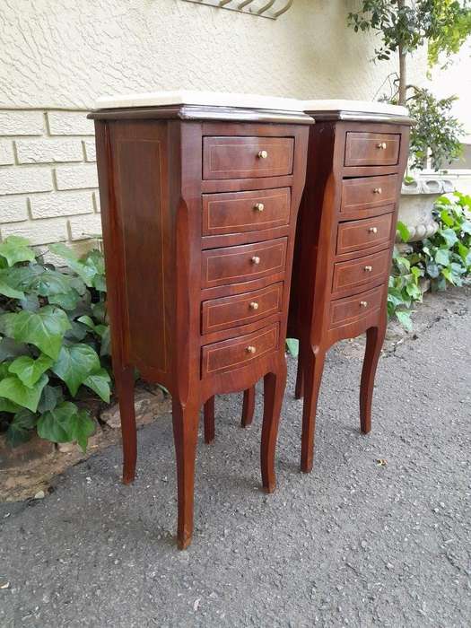 A Pair Of 20th Century French Style Walnut With Inlaid Pedestals With  Five Drawers And Cream Ma...
