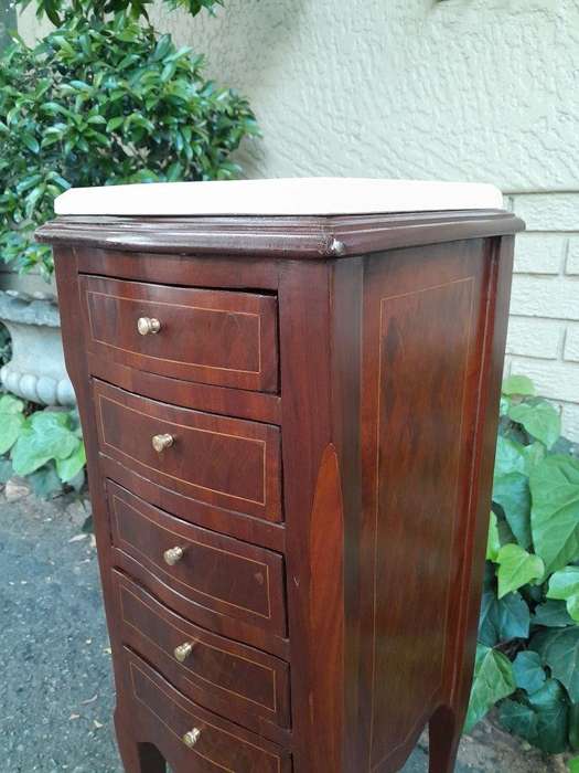 A Pair Of 20th Century French Style Walnut With Inlaid Pedestals With  Five Drawers And Cream Ma...