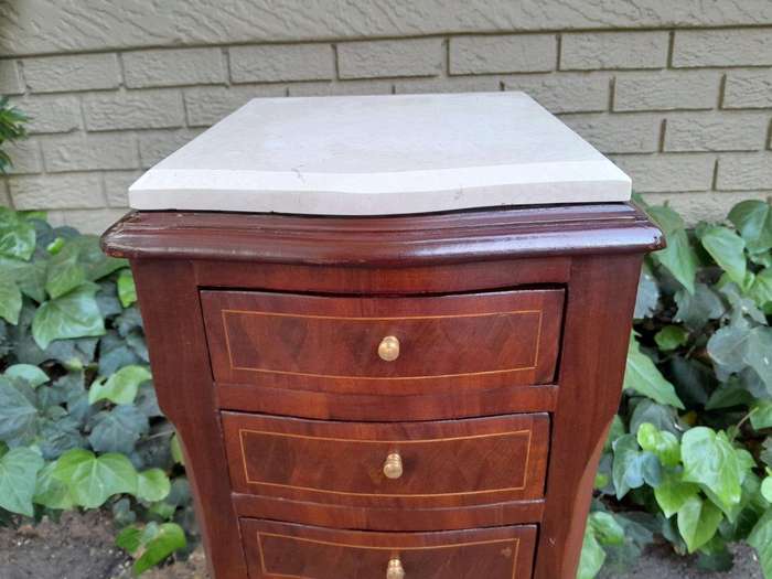 A Pair Of 20th Century French Style Walnut With Inlaid Pedestals With  Five Drawers And Cream Ma...