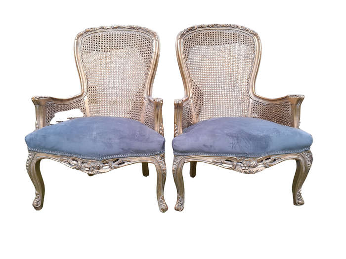 A 20th Century Pair Of French Style Rattan High Back Armchairs Hand Gilded