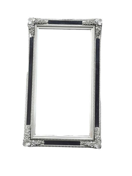 A French Baroque Style Large Bevelled Plate Black And Silver Leaf Mirror