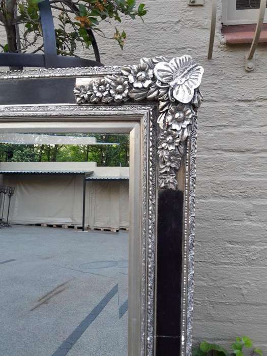 A French Baroque Style Large Bevelled Plate Black And Silver Leaf Mirror