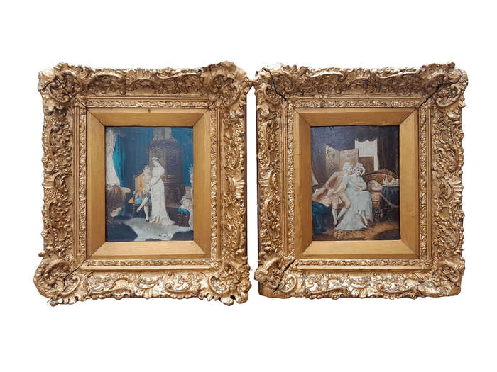 A 20th Century Pair Of Two Couples Oil Painting In Ornately Carved And Gilded Frames