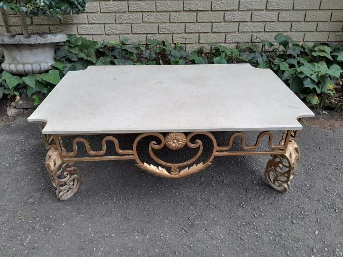 A French Ornate Style Wrought Iron With Marble Top Coffee Table