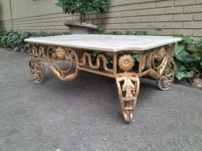 A French Ornate Style Wrought Iron With Marble Top Coffee Table