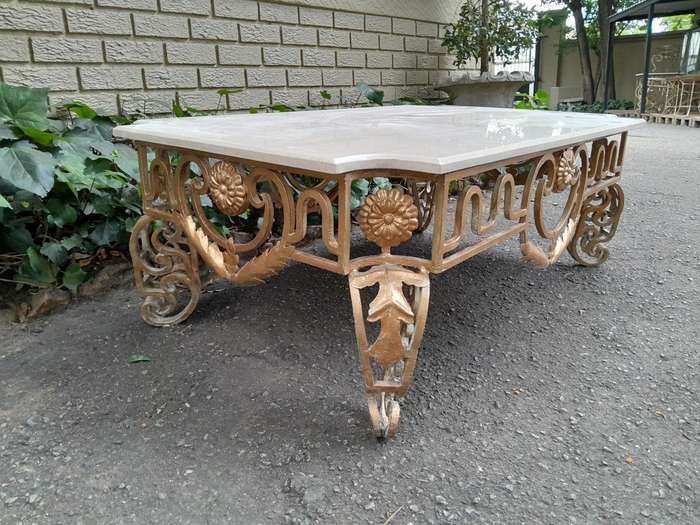A French Ornate Style Wrought Iron With Marble Top Coffee Table